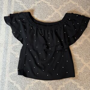 Chic Black Ruffled Blouse with Pearl Accents